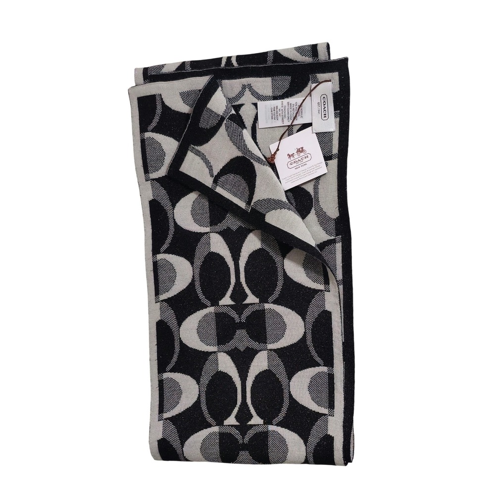Coach Monogram Jacquard Knit Scarf Black Silver Wool Blend Metallic NWT